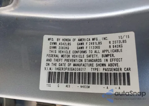 2016 Honda Accord Touring z USA, uszkodzony, nr VIN 1HGCR3F90GA008017